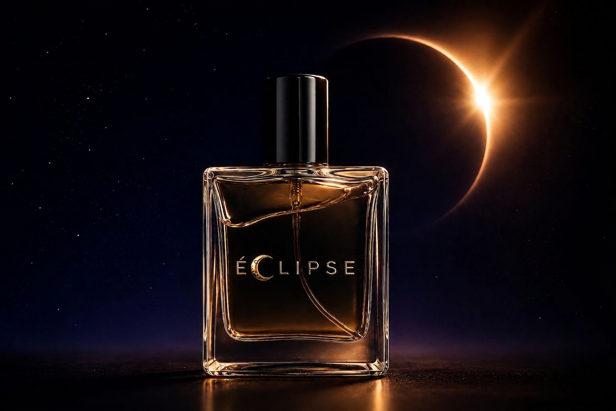 Éclipse perfume bottle suspended before a total solar eclipse